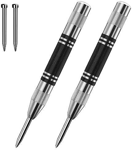 2 Pièces Pointeau Automatique, Pointeau Central Automatique avec 2 Pièces Pointes de Rechange, Poinçons Centraux à Ressort Tension, Pointeau Automatique Impact Réglable pour Bois, Mur, Metal, Verre