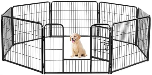 Sweetcrispy Dog Playpen Indoor - Pet Fence Exercise Pen for Yard Gate 8 Panels Foldable Puppy Crates with Doors Metal Dog Pen for Camping, RV, Outdoor, Small/Medium Pets, 24” Height