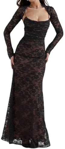 Robe, robe longue, 2 pièces, corset capelet floral en maille douce, robe de soirée sexy, châle avec cordon de serrage en dentelle, robe maxi, Noir , XS