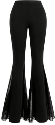 GORGLITTER Women's Lace Goth Bell Bottom Pants Mesh Flare High Waisted Flared Leggings Black Medium