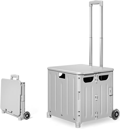 The Fellie 45L Foldable Shopping Trolley with Lid, Boot Cart with Wheels & Telescopic Aluminium Handle, 30KG Capacity Portable Collapsible Utility Trolley Box for Shopping Storage Travel, Grey