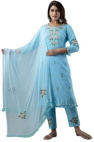 JG Women's Ethnic Wear Collection Rayon Straight Embridered Kurti & Pant Set With Dupatta (US, Alpha, Small, Regular, Regular, Blue)
