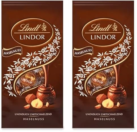 Lindt Schokolade LINDOR Kugeln Haselnuss Milchschokolade| 137 g Beutel | ca. 10 Kugeln Vollmilchschokolade mit zartschmelzender Nuss-Füllung | Pralinen-Geschenk | Schokoladen-Geschenk (Packung mit 2)