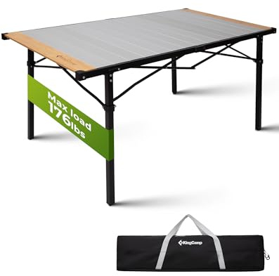 KingCamp Tavolo da campeggio pieghevole con telaio in alluminio e bambù, piano arrotolabile per 6-8 persone, pieghevole e resistente fino a 80 kg, argento, 136 x 70 cm, XL