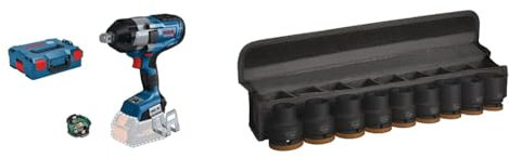 Bosch Professional BITURBO Akku-Drehschlagschrauber GDS 18V-1050 HC (inkl. Connectivity-Modul, ohne Akkus und Ladegerät, in L-BOXX 136) + 9x PRO Impact Steckschlüsseleinsatz-Set (63 x 56 mm, Zubehör)