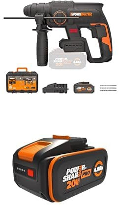 PACK WORX NITRO Perforateur sans fil Brushless 20V WX381, 2J, 3 en 1, Perçage, Percussion, Burinage dans tous les matériaux, antivibrations, livré avec 2 Batteries 4Ah, Chargeur et Accessoires