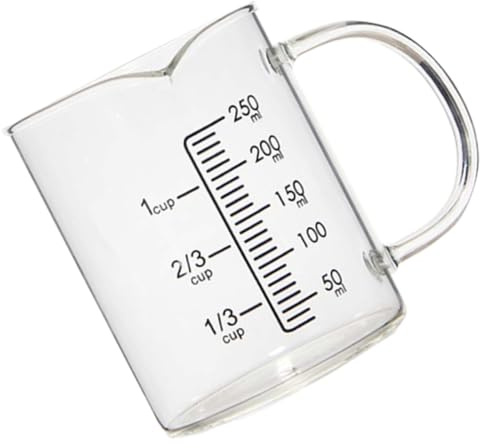 TOBBOMEY Taza Medidora de Vidrio de 250 Ml con Vertedor Vaso Medidor para Leche y Bebidas Base Estable para Uso Hogar Cafetería y Restaurante