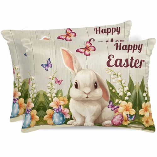 Happy Easter Satin Pillowcase for Hair and Skin with Zipper, Soft Breathable Cooling Silk Pillow Cases, Bunny Eggs Spring Flowers Butterfly Wooden Grain Throw Pillow Covers Queen Size 20x30 Set of 2