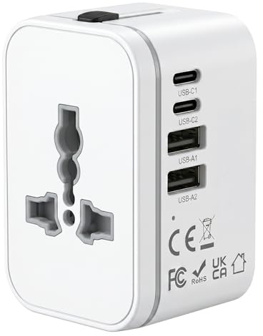 Universal Travel Adapter, International Travel Plug Adapter with 2 USB-C and 2 USB Ports, All in One Plug Adaptor with Dual Safety Fuses, Universal Charger Power Adapter for European EU US UK AUS