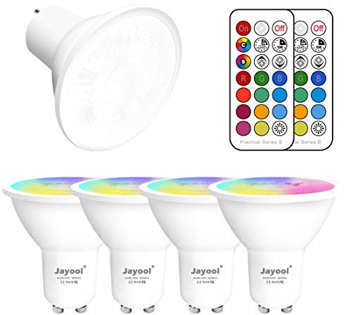 Jayool GU10 LED Bulbs, Dimmbale 5W Colour Changing Spot Light Bullb with Remote, RGB + Daylight White, Timer, 45°Beam Angle (Pack of 4)