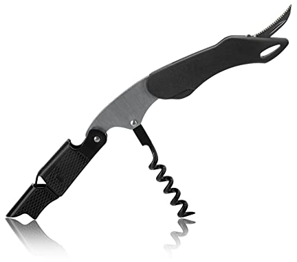 Qpractiko | Cavatappi professionale | 12x3 cm, nero, acciaio inox, plastica ABS | Spirale teflon, collare salvagoccia, tappo sottovuoto, lama seghettata | Apertura vino facile