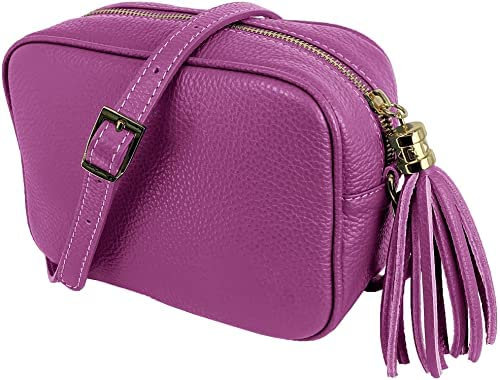ALEXANDER MILANO Bolso de Mujer Piel auténtica. Bolso de Piel Liso y Lacado. 2 Cremalleras con Correa Larga Cuero Ajustable. Made IN Italy. Vera Pelle Italiana. 20x15x8 cm. (Fucsia)