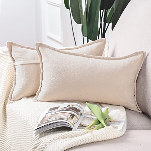 Madizz 2er Set kurzen Chenille Zierkissenbezüge weicher dekorativer Kissenbezug für Sofa, Schlafzimmer Kissenhülle Beige 30x50 cm Rechteckig