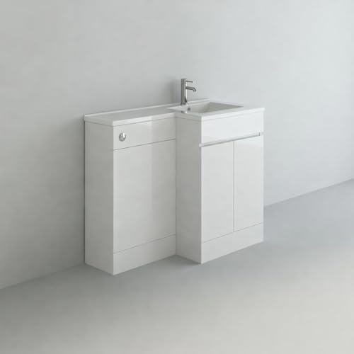 VeeBath White Gloss L Shape Right Hand Bathroom Vanity WC Unit Furniture with Basin Set Suite