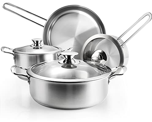 Wodillo Batterie de Cuisine en Acier Inoxydable à 3 Couches, 7 pièces, Poêle à Frire, Casserole et Marmite avec Couvercle en Verre, Casseroles Adapté à la Tous Feux Dont Induction (Argent)