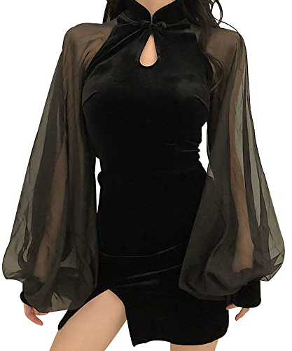 YUDATPG Cheongsam cinese Slim Fit scollo a V abito sexy aderente tradizionale per uscire data notte vita mini abito corto avvolgente in rete orlo spacco partito Clubwear, Nero , L