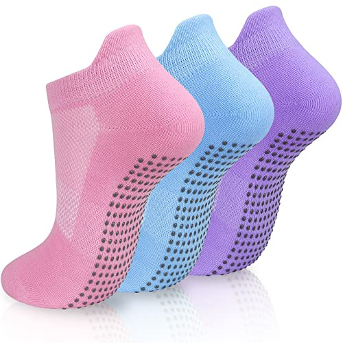 srclo 3 Pairs Womens Non Slip Grip Yoga Socks,ladies Anti-slip Pilates Ankle Sock Size 4-8, for Barre Fitness, Ballet, Dance, Home Workout (UK, Numeric, 4, 8, Regular, Regular, Pink Purple Blue)