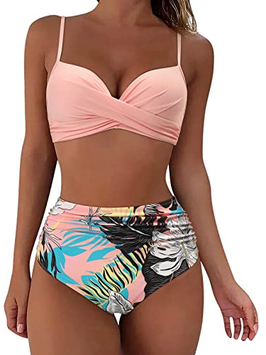 Générique Maillot De Bain Femme 2 Pièces Push Up Taille Haute Femme Bikinis Sets Maillot De Bain Vintage Floral Col V Bikini Froncé et Torsadé Ensemble Bikini Swimsuit