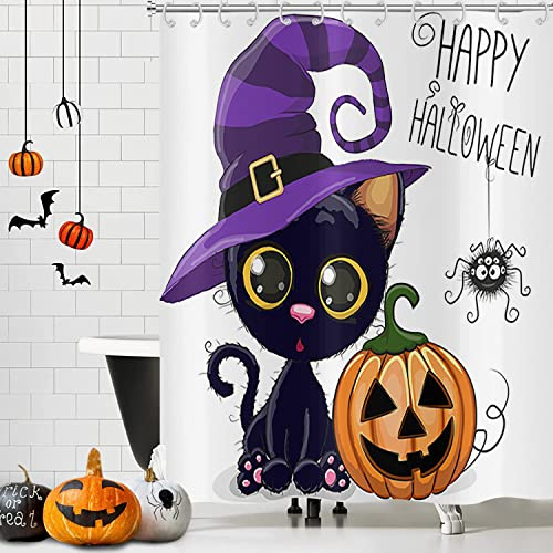 Hnmdmyi Tenda da doccia Halloween 165x180, divertente gatto nero strega cappello ragno fantasma zucca bambini vacanza tenda da bagno impermeabile poliestere tessuto lavabile tenda da bagno con ganci