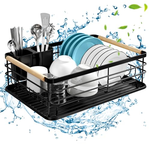 TAVADA Abtropfgestell Geschirr Schwarz,Abtropfgitter Gestell für Geschirrgeschirrabtropfgestell 43 × 30 × 14 cm,mit Besteck Halterung und Abtropfschale aus Plastik,Schwarz Draining Rack