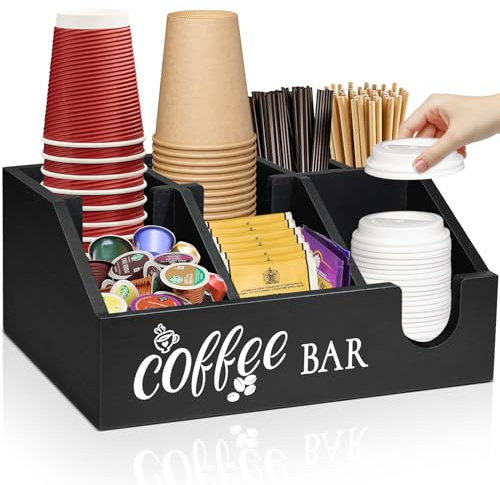Uipame Coffee Station Organizer, Coffee Cup Holder for Counter, Wood Coffee Pod Holder Storage Basket, Tea Condiment Organizer for K Cup Sugar, Rustic Coffee Bar Decor for Coffee Accessories