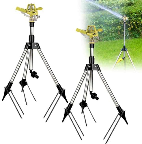 BAUSATZ Outdoor Water Sprinkler for Yard Lawn Sprinkler with Zinc Alloy Sprinkler Head Tripod Hose Sprinkler 360 Degree Rotating Tripod Sprinkler Adjustable Garden Sprinkler Impact Sprinkler 2pcs