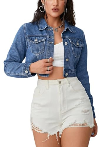 AiiUp Cropped Jean Jacket for Women Long Sleeve Classic Casual Crop Top Denim Jackets Coat