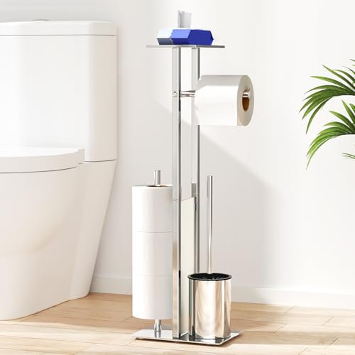 Toilet Roll Holder with Toilet Brush - Toilet Roll Holder Free Standing with Shelf for Wet Wipes, Toilet Roll and Brush Holder Free Standing, Silver Toilet Brush with Holder