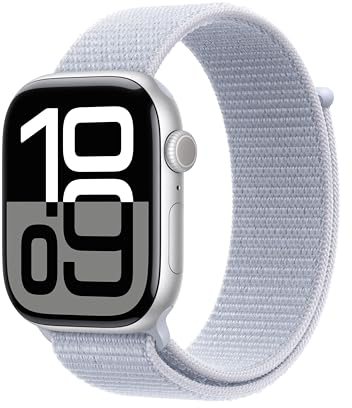 Apple Watch Series 10 (46 mm GPS) Montre connectée avec Boîtier en Aluminium Argent et Boucle Sport nuée Bleue. Suivi de l’activité Physique, app ECG, écran Retina Toujours activé, Neutre en Carbone
