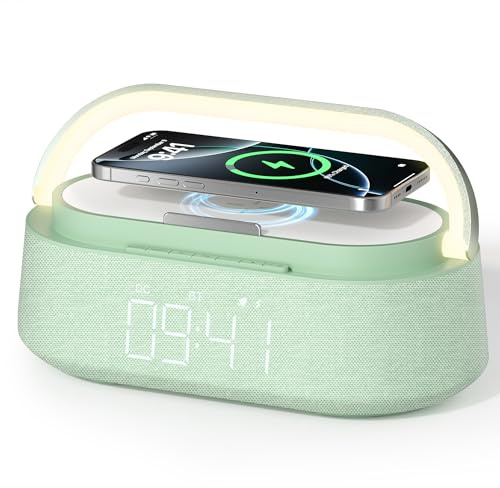 COLSUR Digital radioväckarklocka med trådlös laddare, Bluetooth-högtalare med USB-laddare, smart väckarklocka snooze-funktion induktiv laddningsstation, nattlampa