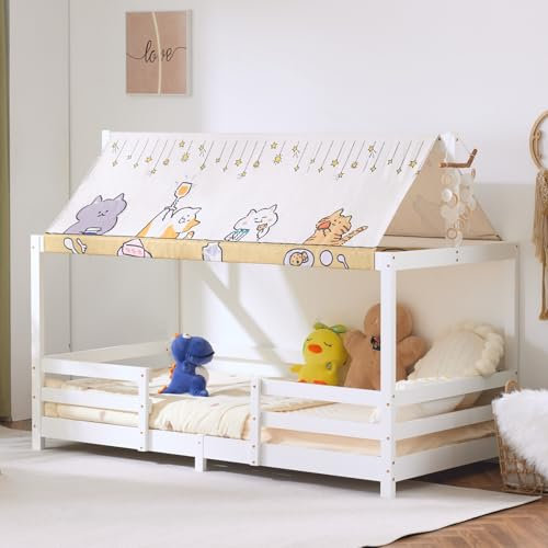 LEADZM Lit cabane Enfant 90x190 cm avec baldaquin en Tissu, sommier à Lattes, barrières de sécurité Bois en pin Forme de Maison Lit au Sol Montessori pour Enfants (Blanc,)