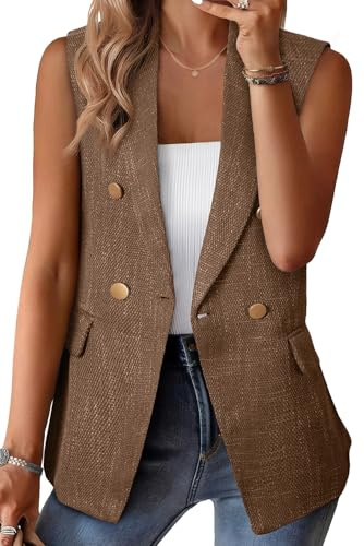 Happy Sailed Blazers for Women Business Casual Summer Sleeveless Double Breasted Open Front Tweed Blazer Vest Lightweight Jackets Waistcoat Professional Office Outfits Brown X-Large