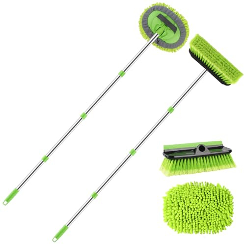 2 Pack Car Wash Brush with Long Handle, 62 Microfiber Car Wash Mop and Car Washing Brush Combo Set, Scratch-Free Soft Bristle Car Wash Mop Brushes Cleaning Kit for Exterior Car, Truck, RV, Boat