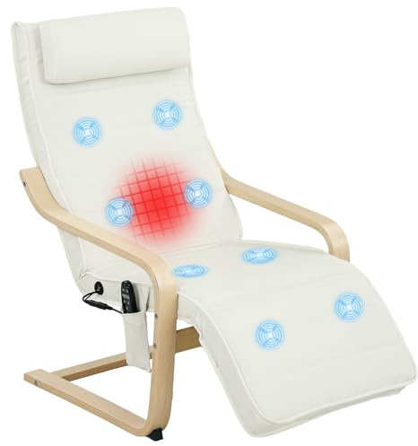 HOMCOM Poltrona Relax Riscaldante e Massaggiante a 8 Punti con Poggiapiedi Regolabile e Telecomando, Poltrona per Salotto in Legno di Betulla e Tessuto Effetto Lino, Crema e color Legno