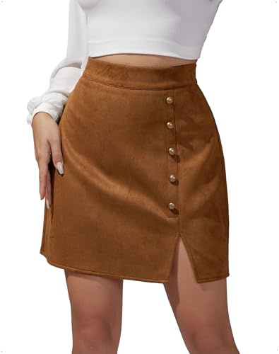 EMOTTOS Gonna Corta Ecopelle Scamosciata Donna Tubino Sexy Spacco Laterale Cintura Vita Alta Mini Zip e Bottoni Decorativi in Metallo, Linea A Slim Fit Casual Feste Festival, M, Marrone
