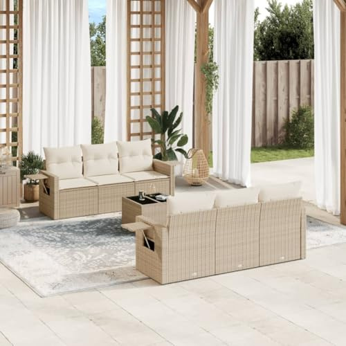 Qnhdfrt Set di 7 divani da giardino, in polietilene, in rattan sintetico, con cuscino, spazio di archiviazione e tavolo pieghevole, per terrazza, giardino e balcone
