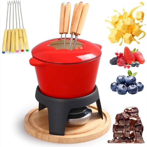 Set per fonduta di cioccolato con pentola, 6 forchette, pallet in legno, bruciatore per fonduta, rivestimento antiaderente per marshmallow, tostatura e cracker