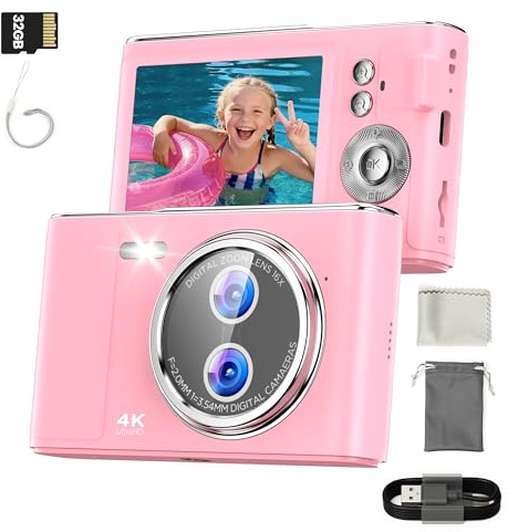 32Go Appareil Photo Numérique Enfant: 48MP Caméra avec Écran 4K 2,8 Pouces Anti-secousse Photographie Vlogging Caméra pour Youtube 16X Zoom Numérique Autofocus Compacte Rose