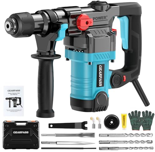 Martello perforatore SDS-Plus da 1500 W, trapano a percussione 7,4 Joule, martello demolitore 3 in 1, 4200 minuti, 6 marce, impugnatura aggiuntiva a 360°, con 3 punte per utensili secondo il sistema