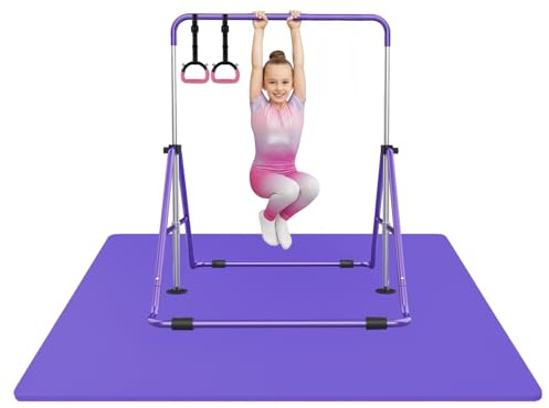 Original Cup Pack Gimnasia Infantil Violeta – Barra Gimnasia Ajustable 90–130 cm + Colchoneta Gimnasia 200x140 cm + Anillas Gimnasia Rosas | Fitness, Suspensión, Yoga, Entrenamiento Casa | Aerobik