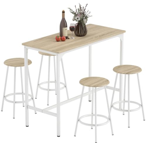 HOMCOM Breakfast 5 Piece Bar Table Set for 4 with Stools, Natural Wood | Dining Table Set, Metal Frame, Footrest, Kitchen, Living Room, Small Space