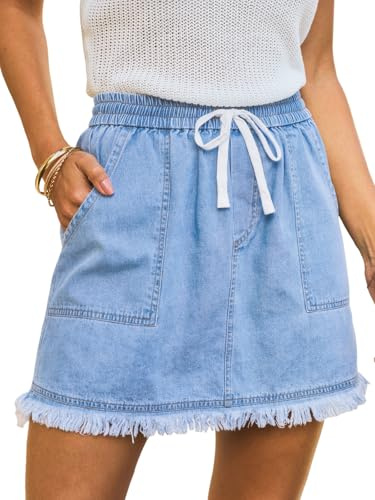 CUPSHE Jupe en jean pour femme, taille haute, cordon de serrage élastique, ourlet effiloché, mini jupe d'été décontractée en jean courte avec poches