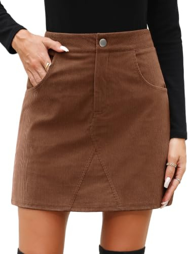 Fashora Mini Jupe Velours Cotelé Taille Haute Jupe Courte Femme Automne Hiver Vintage Coupe Ajustée Élégant A-Ligne Jupes Courte avec Poches, Marron, M