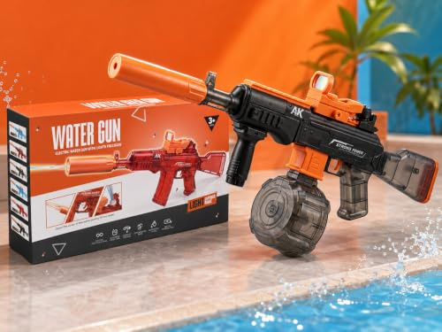 Electric Water Gun Toy, AK Style, with Drum Magazine, Scope and Silencer, for Ages 7+ (Black)