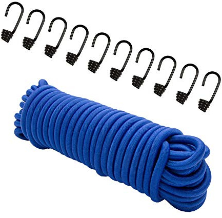 Expander rope 20 m blue, (rubber rope) 8 mm rubber cord tension rope tarpaulin rope rubber rope rope + 10 spiral hooks for 8mm rope hooks metal hooks