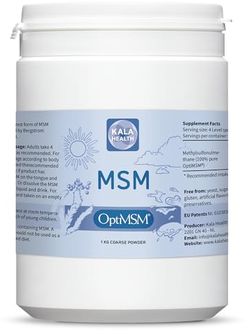 Kala Health - OptiMSM® Multi-stage distillation (Methylsulfonylmethane) MSM Powder Coarse Flakes (Crystals) 1000g, pure natural Sulphur for Joints, Skin, Hair & Nails - Laboratory-tested - NO ADDITIVES - 100% Vegan - USA made - 1 Ingredient