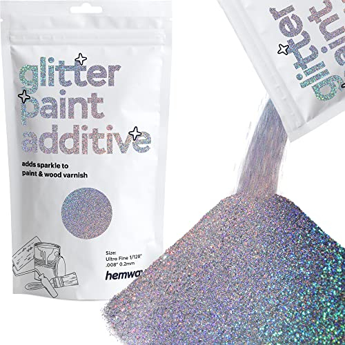 Hemway Glitter Paint Additive - Silver Holographic | 100g Metallic Flakes for Adding Sparkle to Paints & Wood Varnish | Add to Emulsion, Acrylic & Latex for Indoor Sparkly Walls