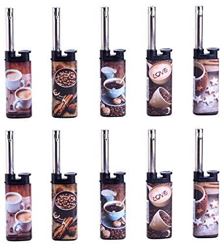10x Stabfeuerzeug PIEZO Coffee Gasfeuerzeug Normale Flamme + 1x (Konsumany® Stab- Sturmfeuerzeug 12,5 cm Lang)