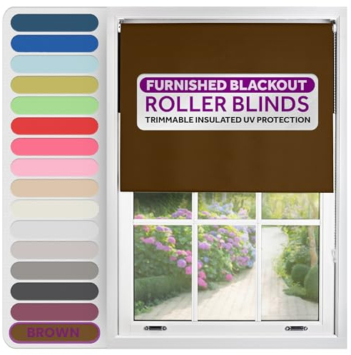 FURNISHED Roller Blinds Window Blackout, Brown, 240cm Wide x 210cm Long | Thermal 100% blackout trimmable insulated UV protection child safe easy fit home office window blinds