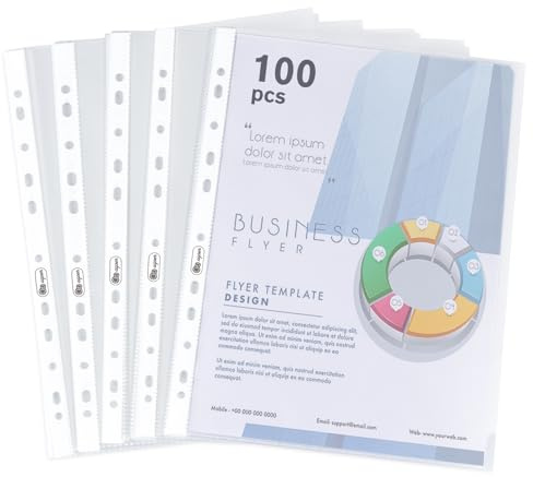 100 x Clear A4 Plastic Punched Punch Pockets, 160 Micron Heavy Duty File Binder Pockets - Extra Strong A4 Punched Pockets for Documents Folders Filling Wallets Sleeves